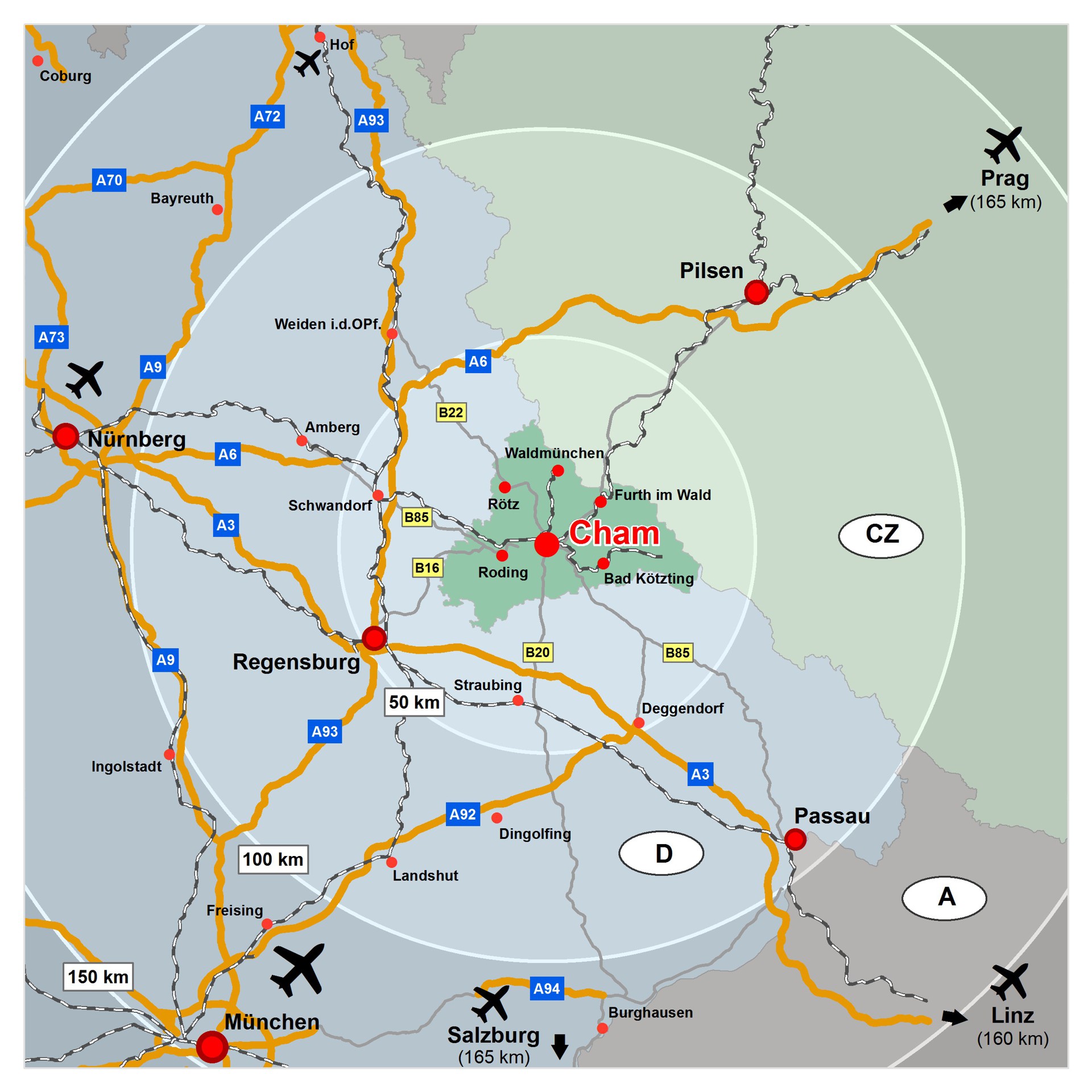 Entfernungskarte Landkreis Cham im 150 km Umkreis