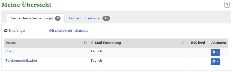 Screenshot Meine Übersicht: 2 gespeicherte Suchanfragen