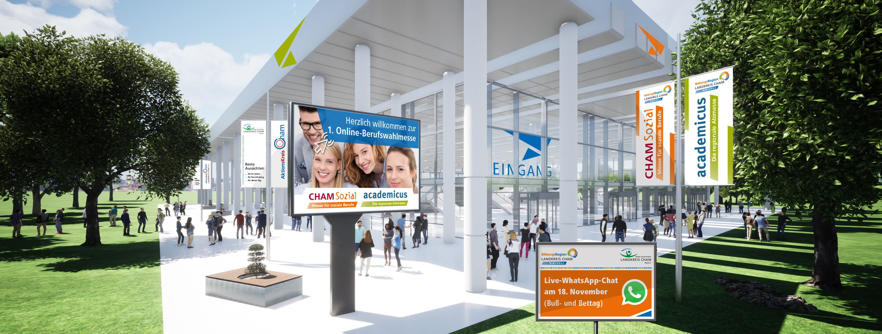 OM Eingang Berufswahl 2020 Virtuelles Außenbild der Onlinemessen Cham sozial und Academicus