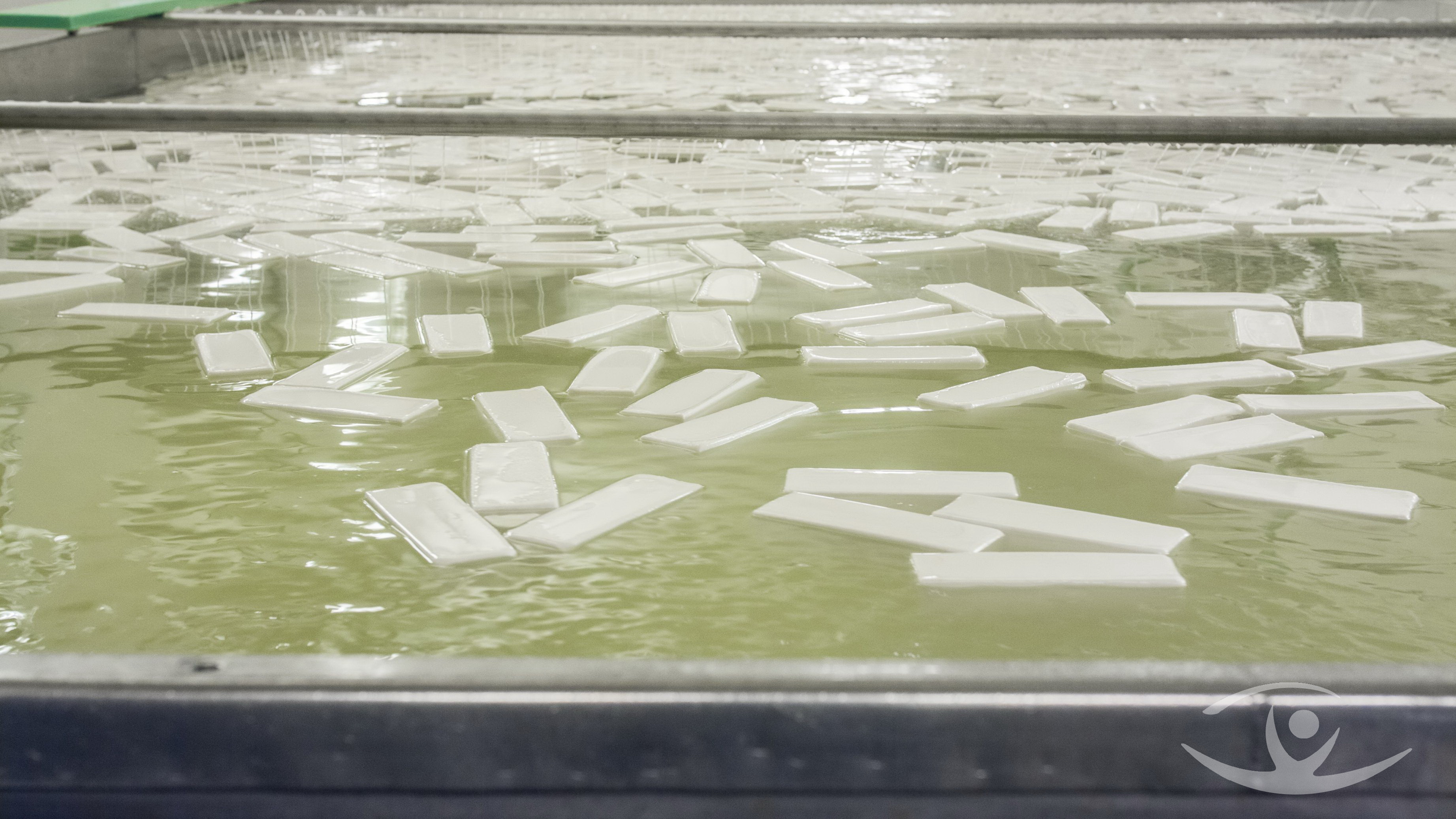 Mozarellablöcke schwimmen im Wasserbecken