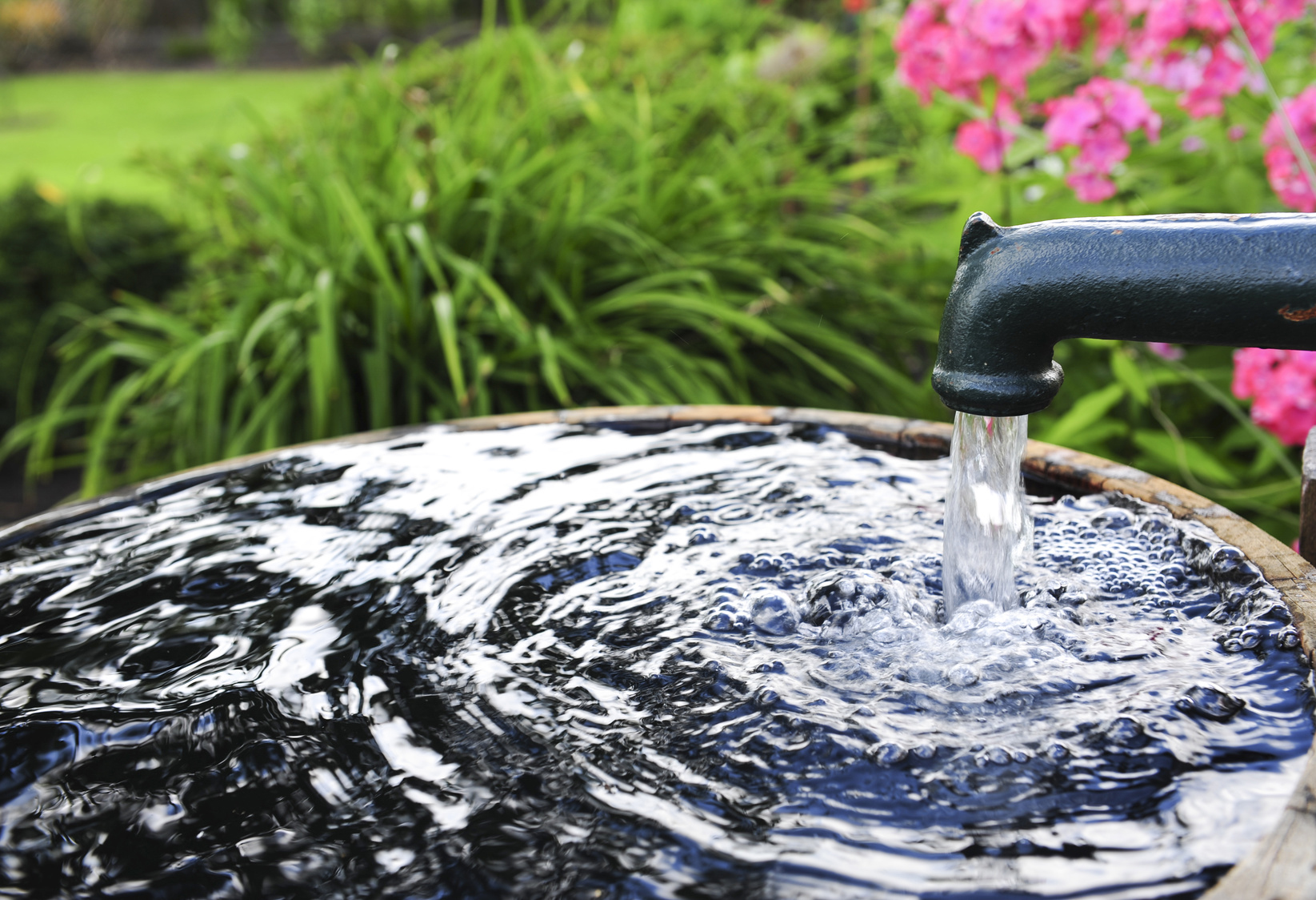 Handschwengelpumpe pumpt sauberes Wasser in ein Wasserfass im Garten