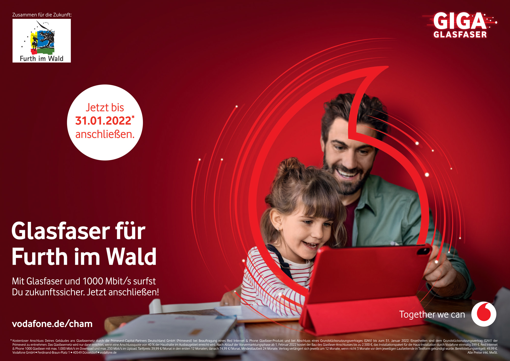 Werbeplakat: Glasfaser für Furth im Wald - Vater und Tochter am Tablet