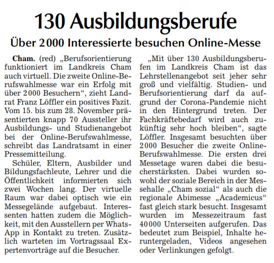 Zeitungsartikel der Chamer Zeitung: 130 Ausbildungsberufe