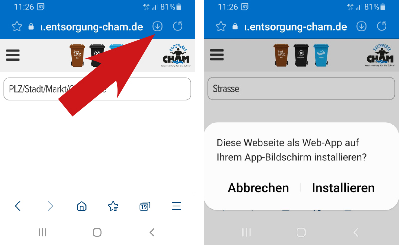 Screenshot Installationsanweisung der Android App