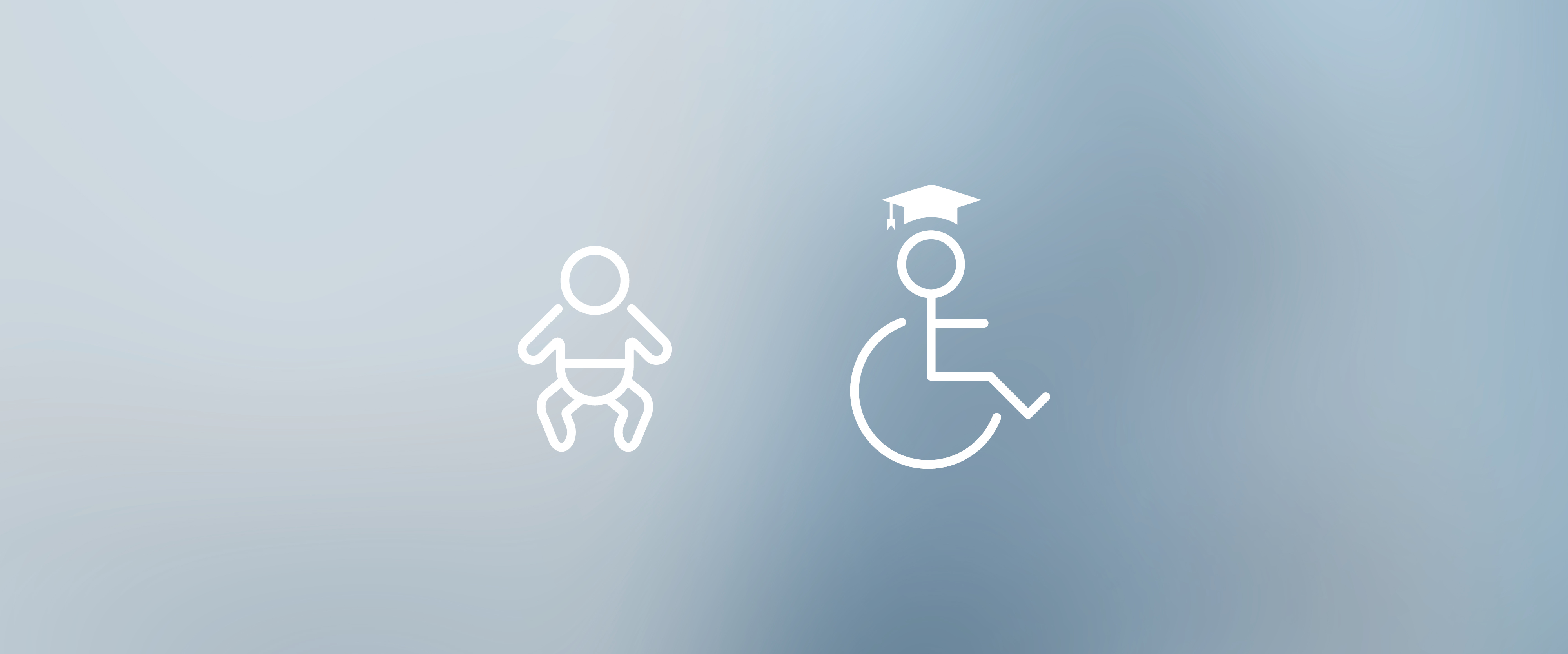 Zwei Symbole: Baby und Rollstuhlfahrer mit Doktorhut