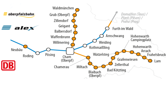 Grafik der Zughaltestellen im Landkreis Cham