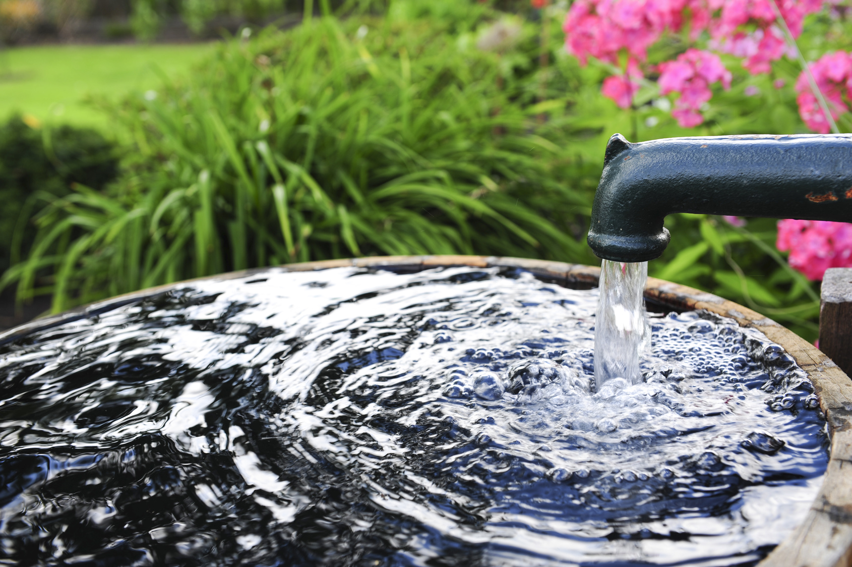 Handschwengelpumpe pumpt sauberes Wasser in ein Wasserfass im Garten
