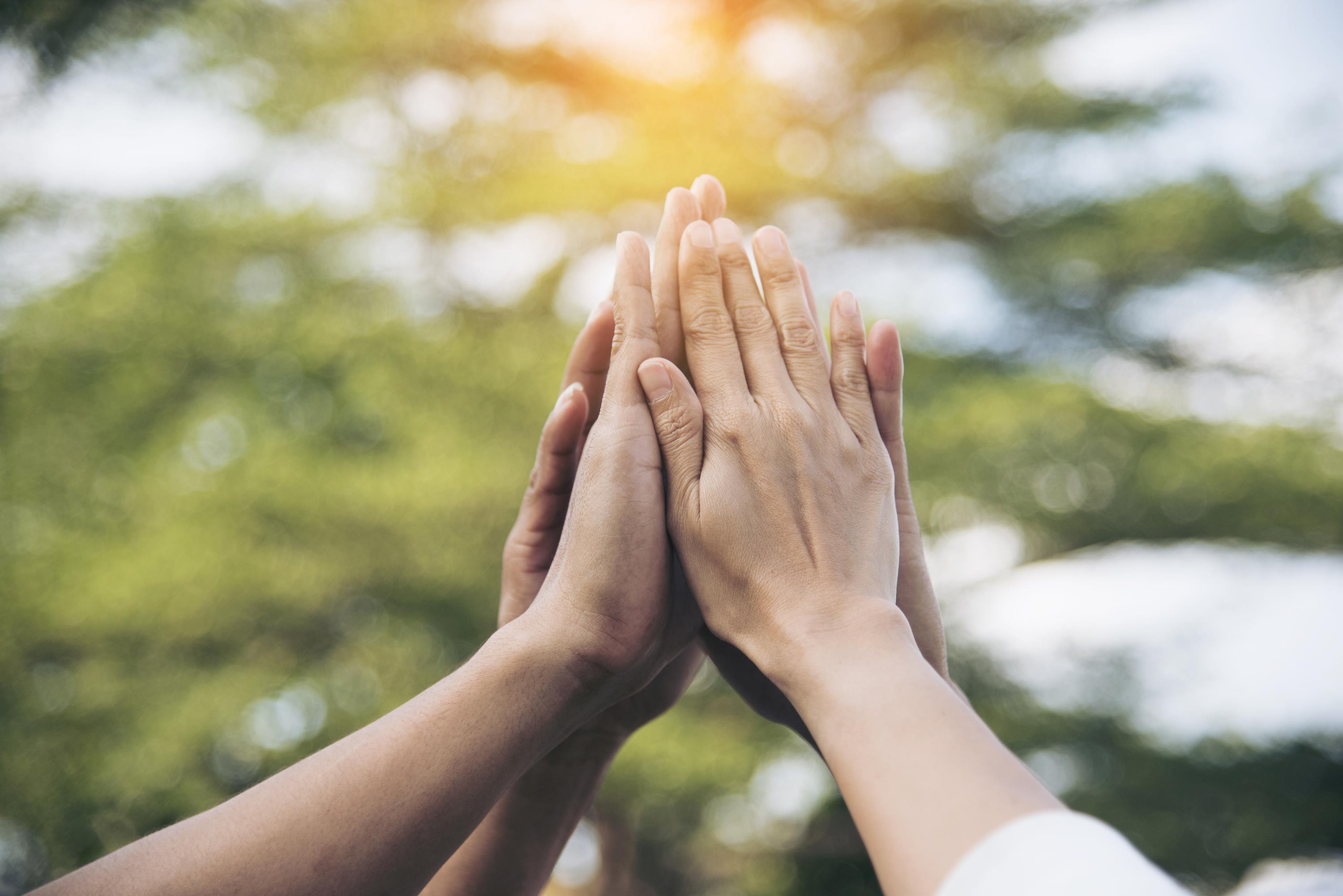 Hände von 4 Personen bilden ein High-Five