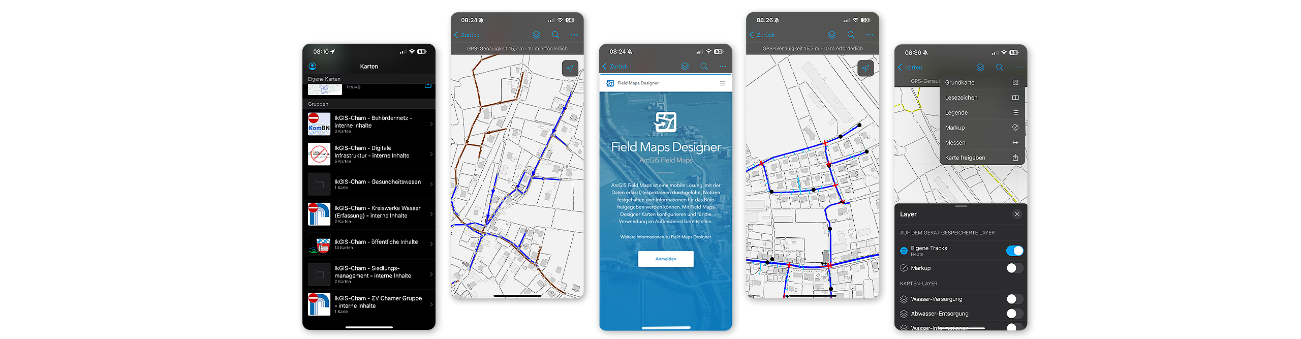 verschiedene Handyansichten der ArcGIS Field Maps App