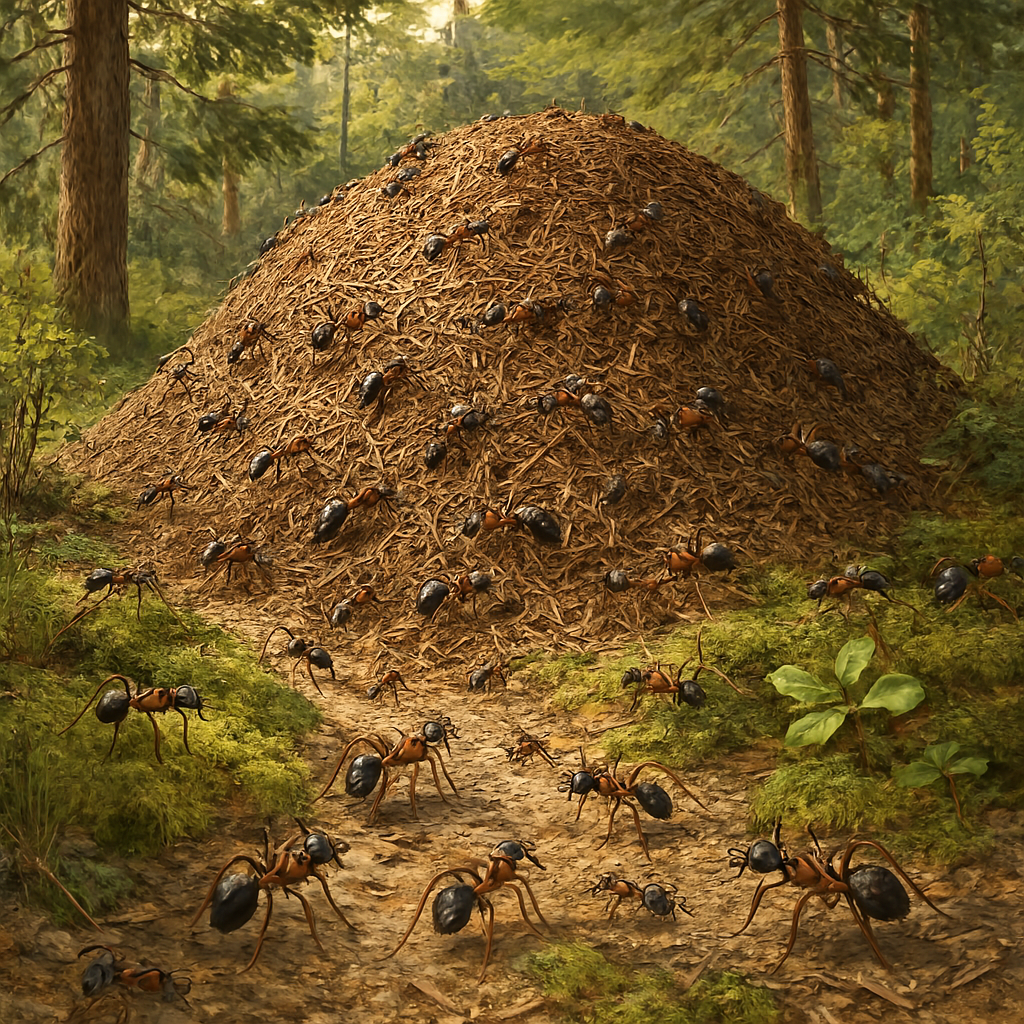 Eine realistische Illustration von Waldameisen in ihrem natürlichen Lebensraum. Waldameisen mit Ameisenbau