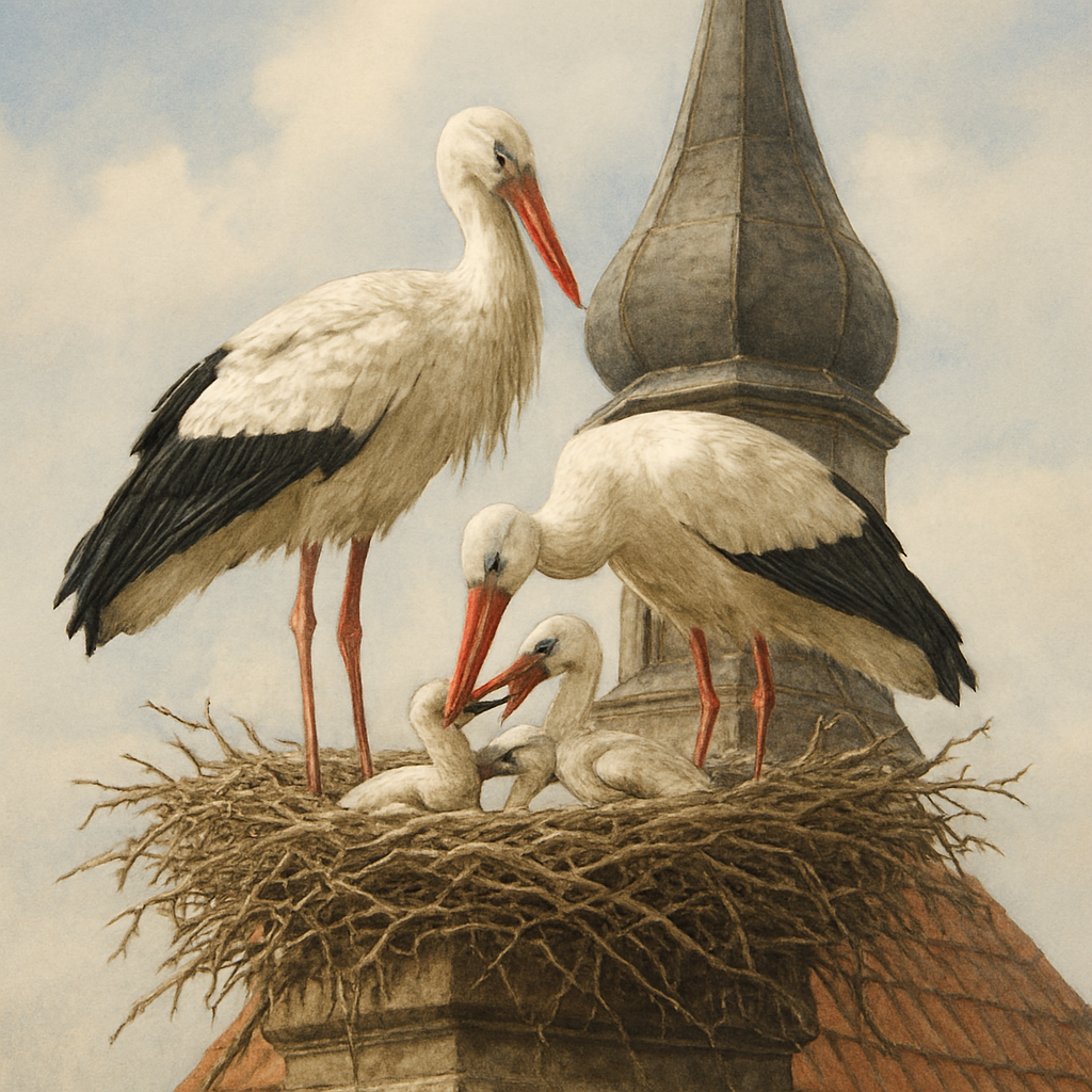 Eine realistische Darstellung von weißen Störchen in einem Nest (Horst), das sich auf einem Dach befindet. Weißstorchhorst